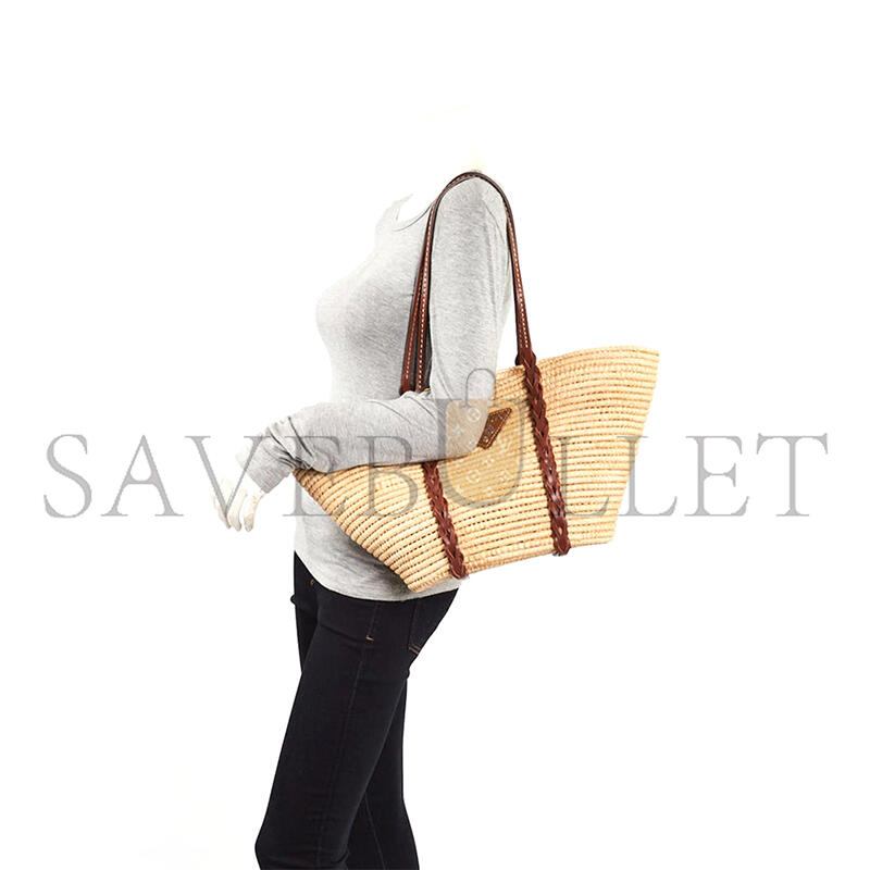 Pra*a beige brown raffia leather basket tote bag (48*27*17cm)